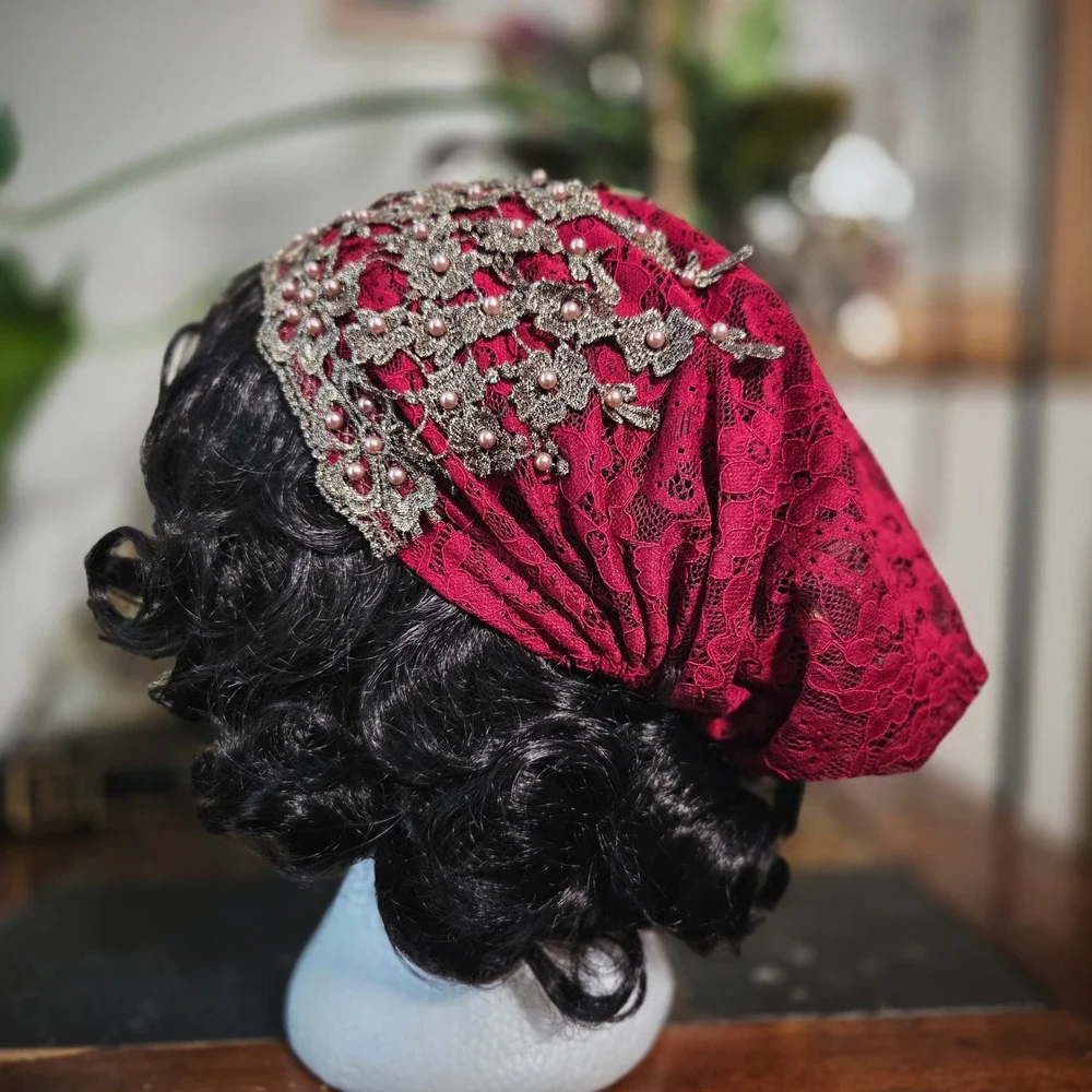 Turban Hat Red Lace Gold Beaded Pearl Flapper Vintage Style Evening Headpiece OS